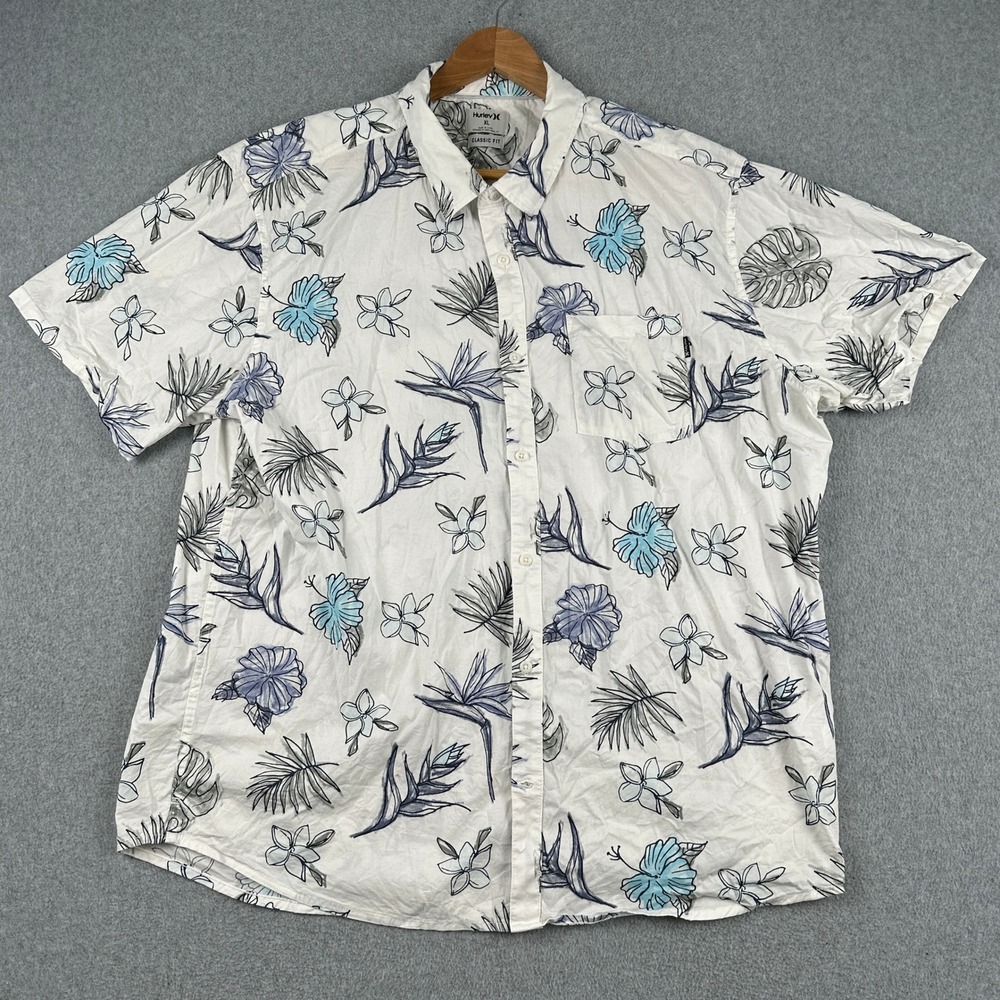 Hurley‎ Button Up Shirt Mens XL White Floral Classic Fit Short Sleeve CU1069